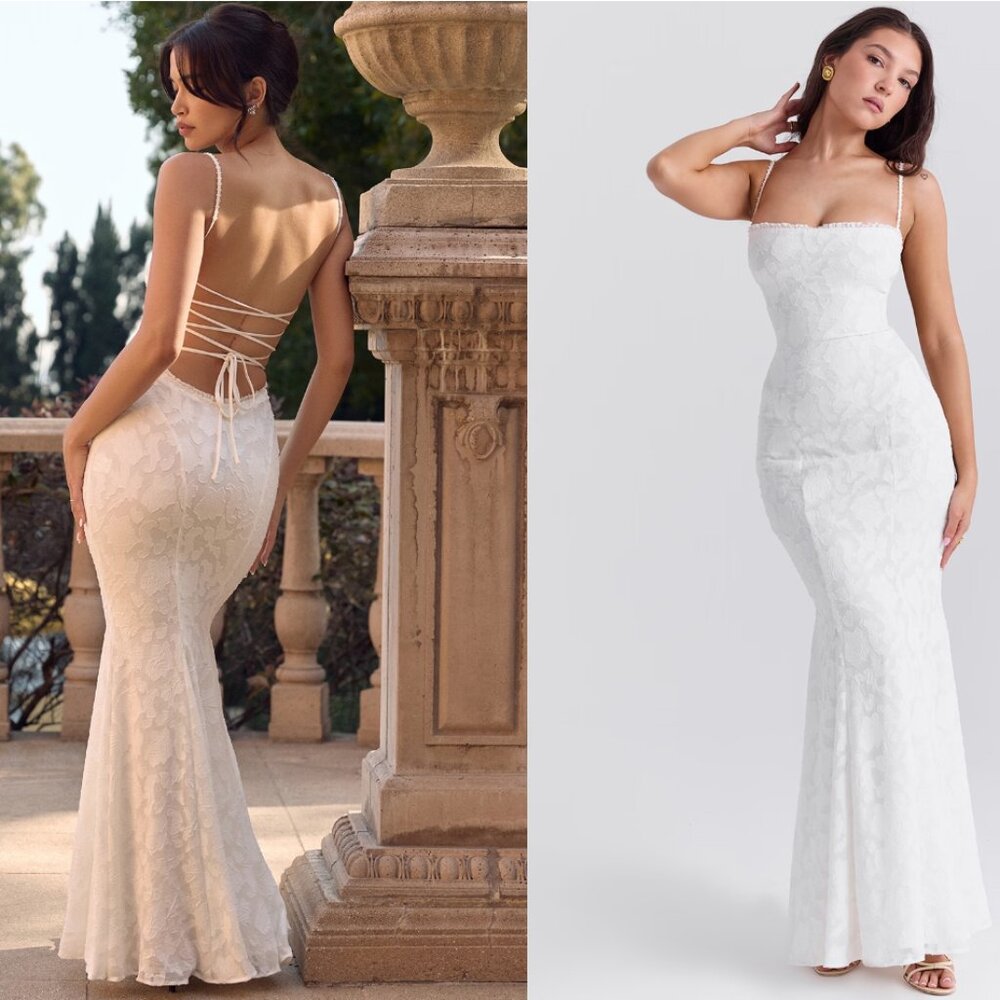 HOUSE OF CB 'Joan' Ivory Lace Up Back Maxi Dress NWT
